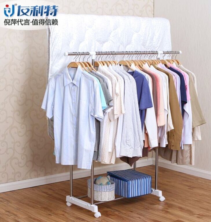 Scalable Height Dual Rods Clothes Display Rack / Commercial Standing Cloth Drying Hanger